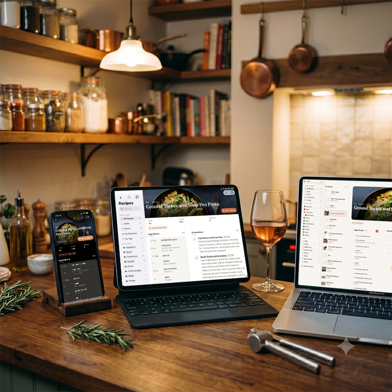 iPhone, iPad, and Mac on a kitchen counter showing Chef Notebook across Apple devices.