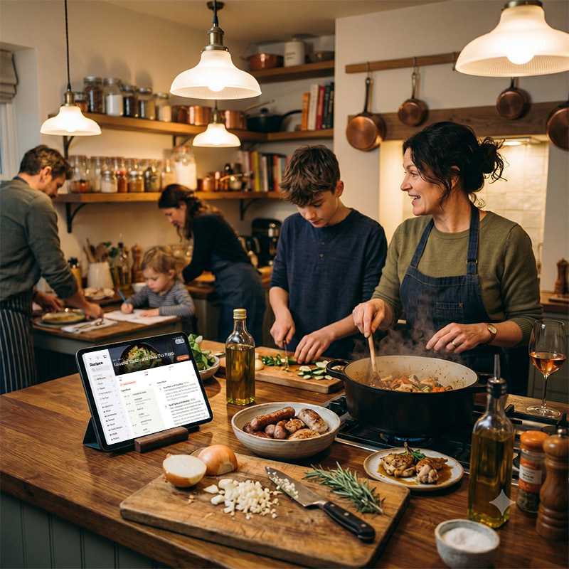 Busy family kitchen at dinner time with Chef Notebook open on the counter.
