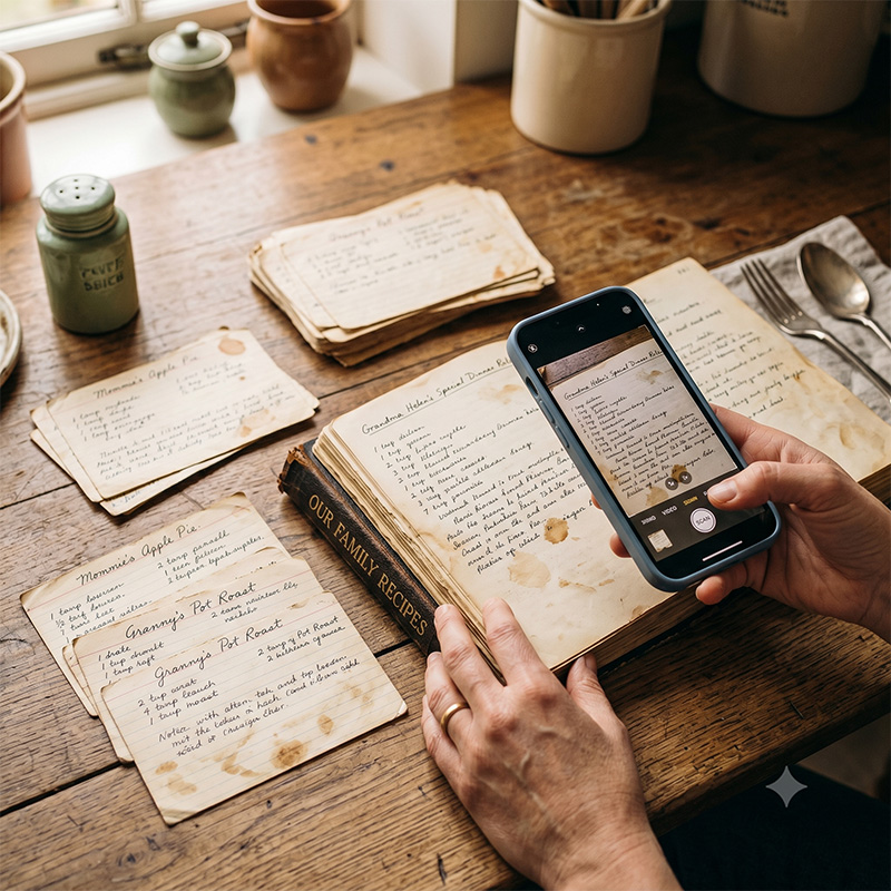 Handwritten family recipe cards, a cookbook, and Chef Notebook on a wooden kitchen table.