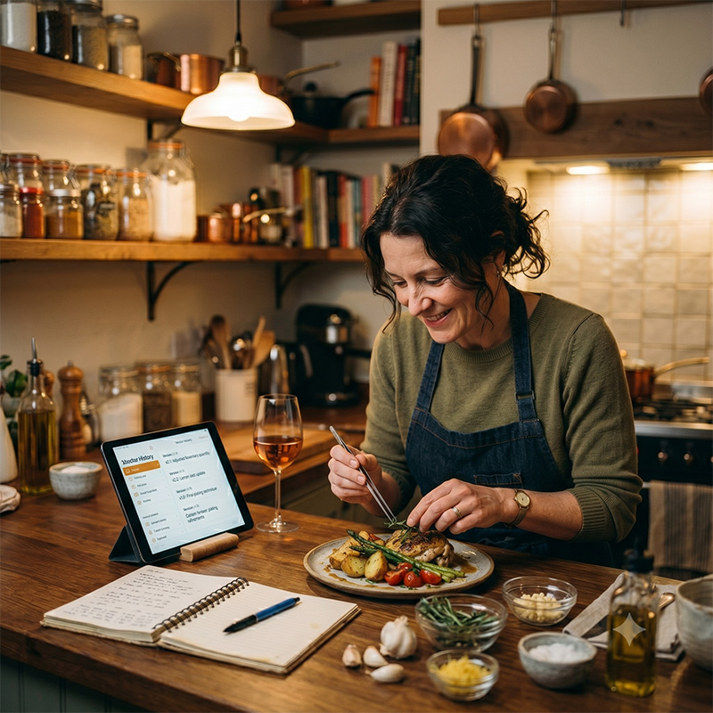 A hobby chef plating a dish beside recipe notes, ingredients, and Chef Notebook.