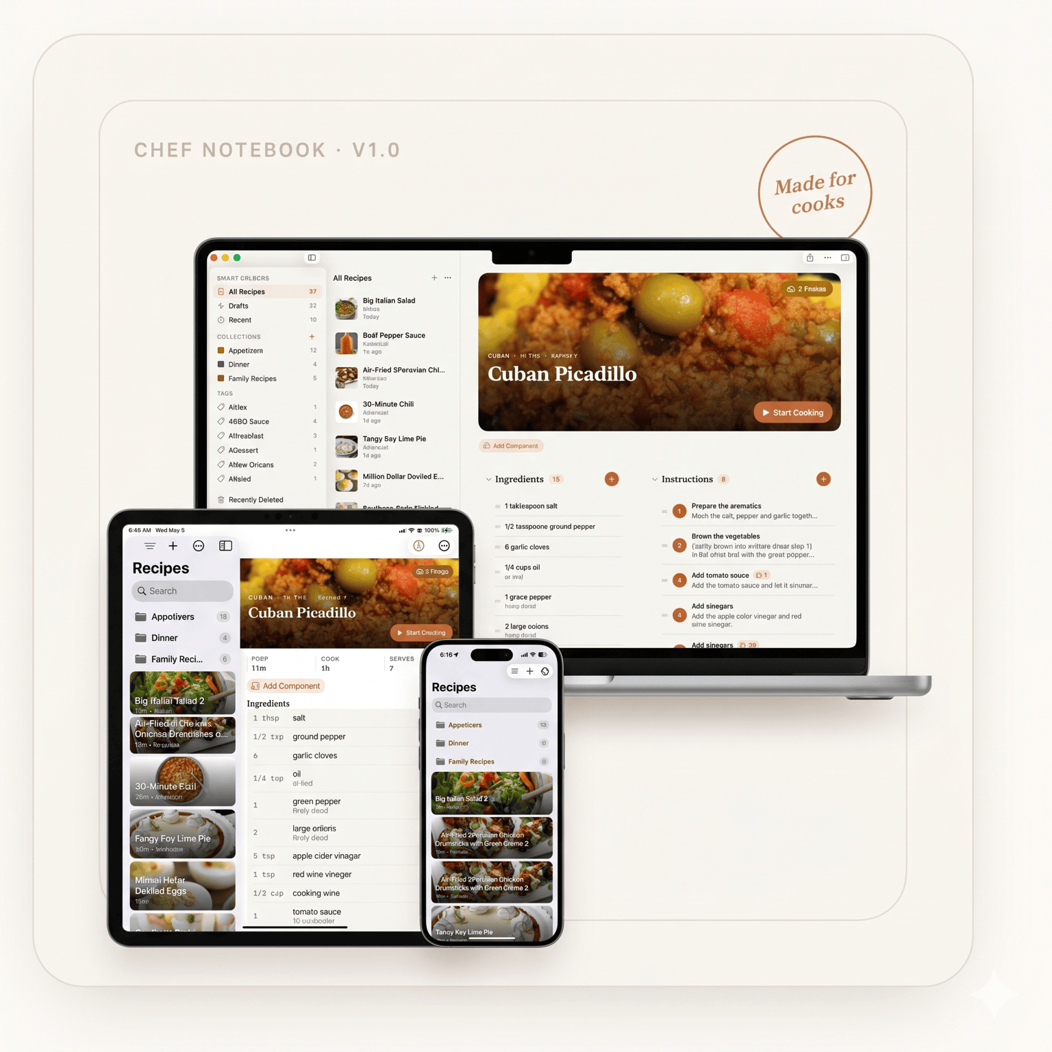 Chef Notebook on Mac, iPad, and iPhone, showing the recipe library, a Cuban Picadillo recipe with photo, and Cook Mode.