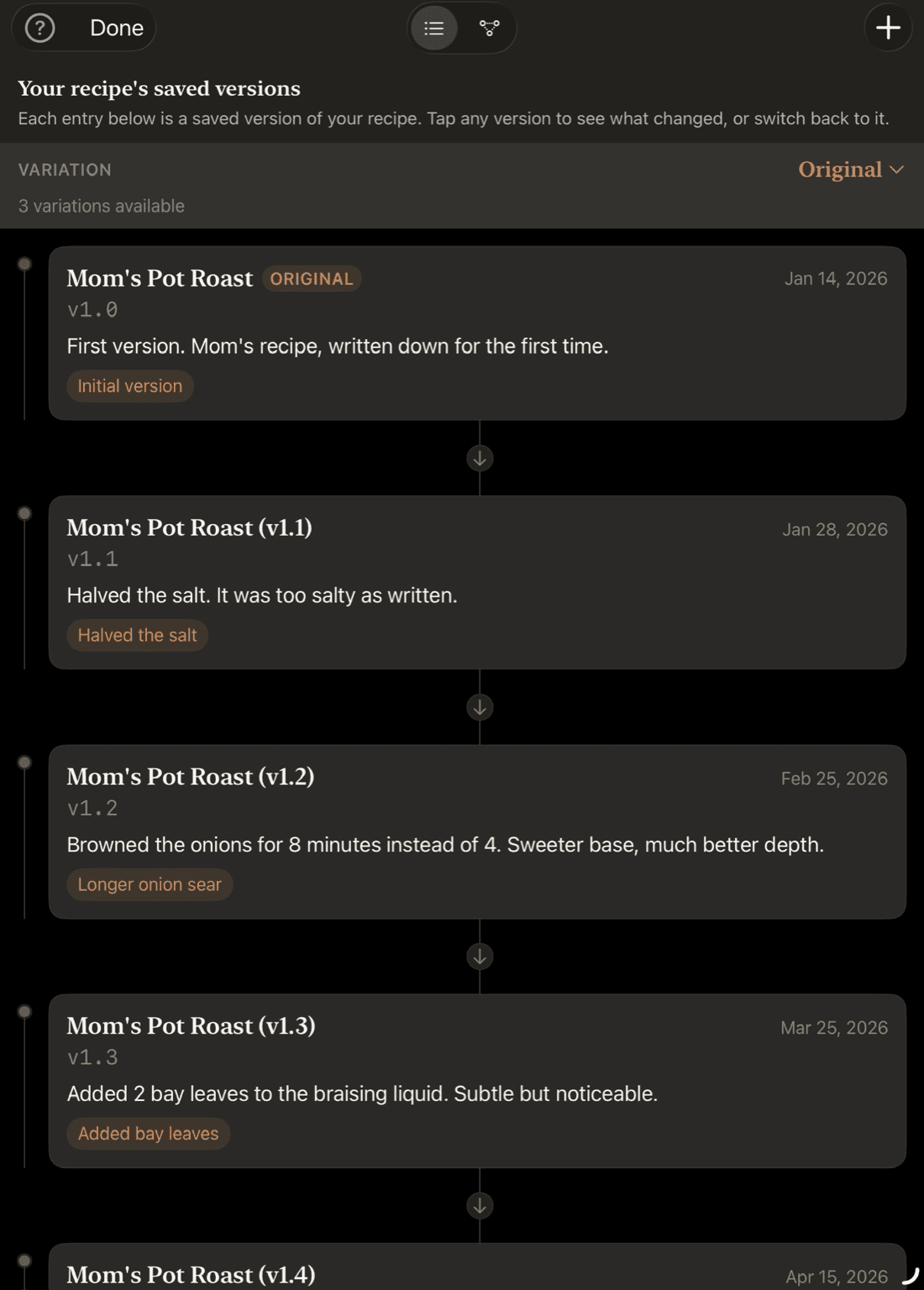 Chef Notebook's version history on iPad: four saved versions of Mom's Pot Roast — v1.0 first version, v1.1 halved the salt, v1.2 longer onion sear, v1.3 added bay leaves — each with date, summary, and a colored changes chip.