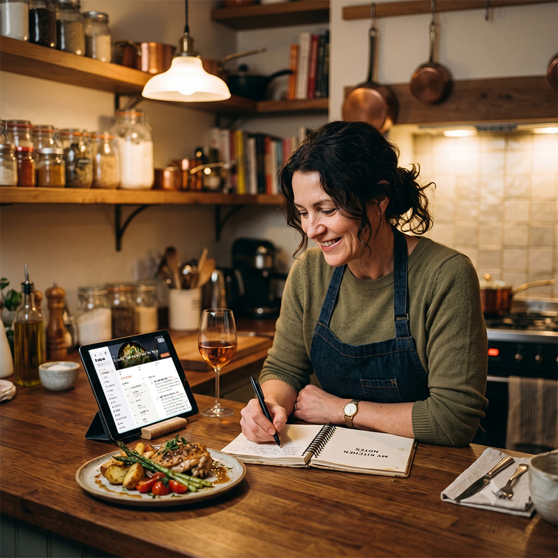 A home cook writing recipe notes beside a plated dinner and Chef Notebook.